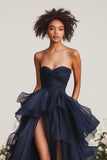 Navy Ball Gown Sweetheart Ruffled Long Formal Dress with Front Slit