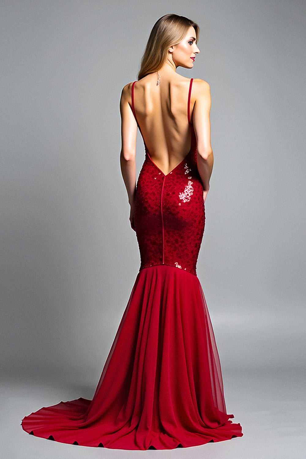 Mermaid Red Spaghetti Straps V-Neck Sequin Formal Dress