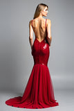 Mermaid Red Spaghetti Straps V-Neck Sequin Formal Dress