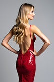 Mermaid Red Spaghetti Straps V-Neck Sequin Formal Dress