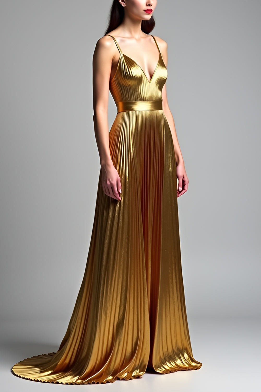 Golden A Line Spaghetti Straps Ruched Formal Dress