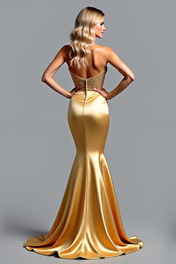 Golden Mermaid Sweetheart Formal Dress With Slit