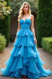A Line Blue Sweetheart Ruffled Tiered Formal Dress