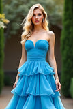 A Line Blue Sweetheart Ruffled Tiered Formal Dress