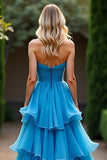 A Line Blue Sweetheart Ruffled Tiered Formal Dress