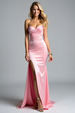 Pink Sheath Sweetheart Ruched Long Formal Dress With Slit