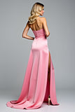 Pink Sheath Sweetheart Ruched Long Formal Dress With Slit