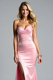 Pink Sheath Sweetheart Ruched Long Formal Dress With Slit