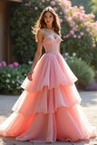 Sparkly Pink Ball Gown Sweetheart Ruffled Tiered Long Formal Dress