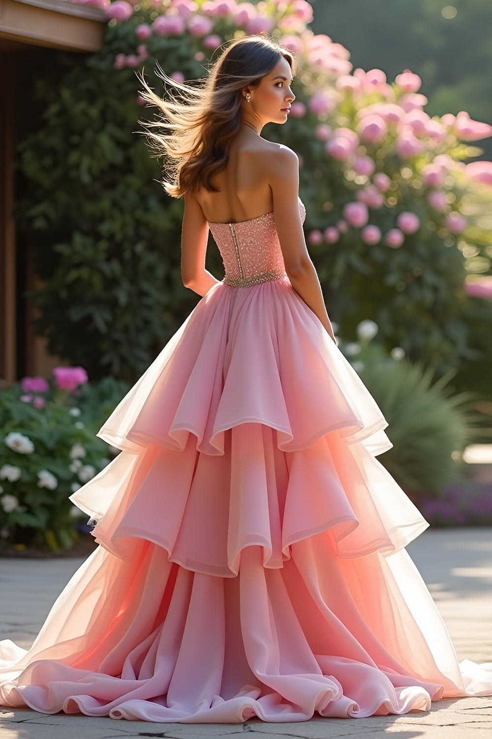 Sparkly Pink Ball Gown Sweetheart Ruffled Tiered Long Formal Dress