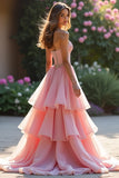 Sparkly Pink Ball Gown Sweetheart Ruffled Tiered Long Formal Dress