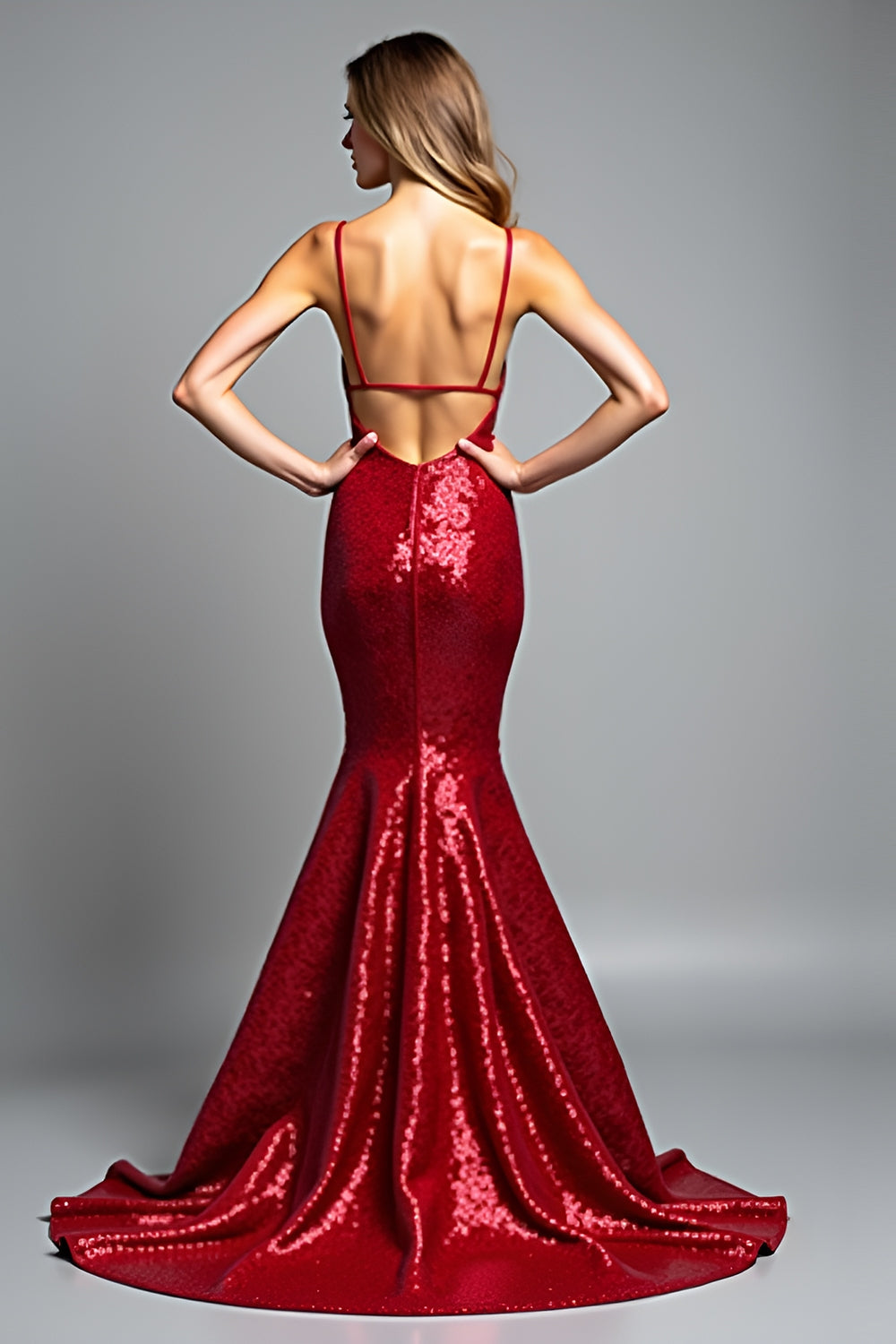 Red Mermaid Spaghetti Straps Sequined Formal Dress