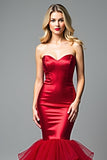 Red Mermaid Strapless Satin Tulle Formal Dress