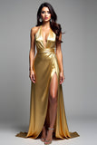 Golden Sheath Halter Neck Backless Long Formal Dress with Slit