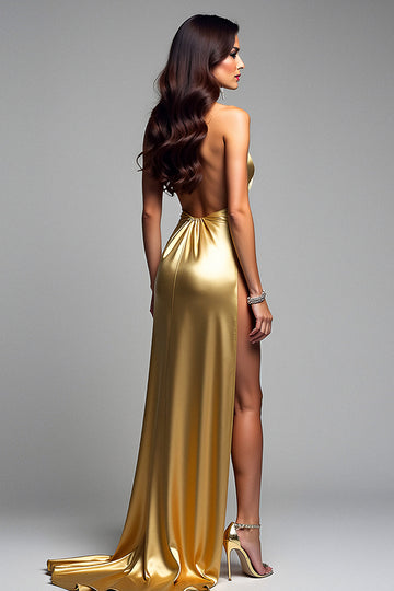 Golden Sheath Halter Neck Backless Long Formal Dress with Slit