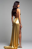 Golden Sheath Halter Neck Backless Long Formal Dress with Slit