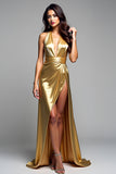 Golden Sheath Halter Neck Backless Long Formal Dress with Slit