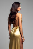 Golden Sheath Halter Neck Backless Long Formal Dress with Slit