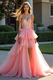 Sparkly Pink Tiered Strapless Ruffled Beaded Long Formal Dress