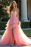 Sparkly Pink Tiered Strapless Ruffled Beaded Long Formal Dress