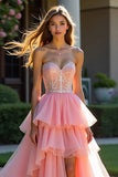 Sparkly Pink Tiered Strapless Ruffled Beaded Long Formal Dress