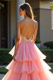 Sparkly Pink Tiered Strapless Ruffled Beaded Long Formal Dress