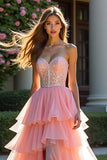 Sparkly Pink Tiered Strapless Ruffled Beaded Long Formal Dress