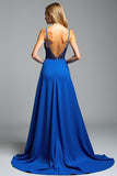 Spaghetti Straps Royal Blue A Line Beads Formal Dress with Slit