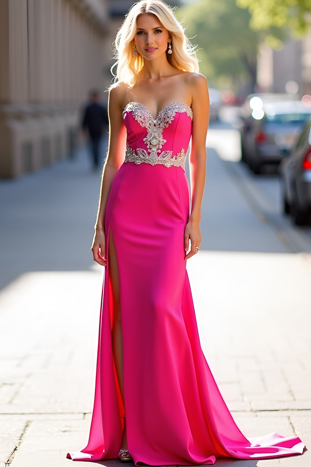 Appliques Fuchsia Strapless Sheath Formal Dress with Slit