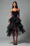 Black A Line Spaghetti Straps Tiered High-Low Formal Dress with Ruffles