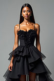 Black A Line Spaghetti Straps Tiered High-Low Formal Dress with Ruffles