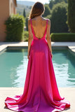 Fuchsia A Line Spaghetti Straps Satin Long Formal Dress with Slit