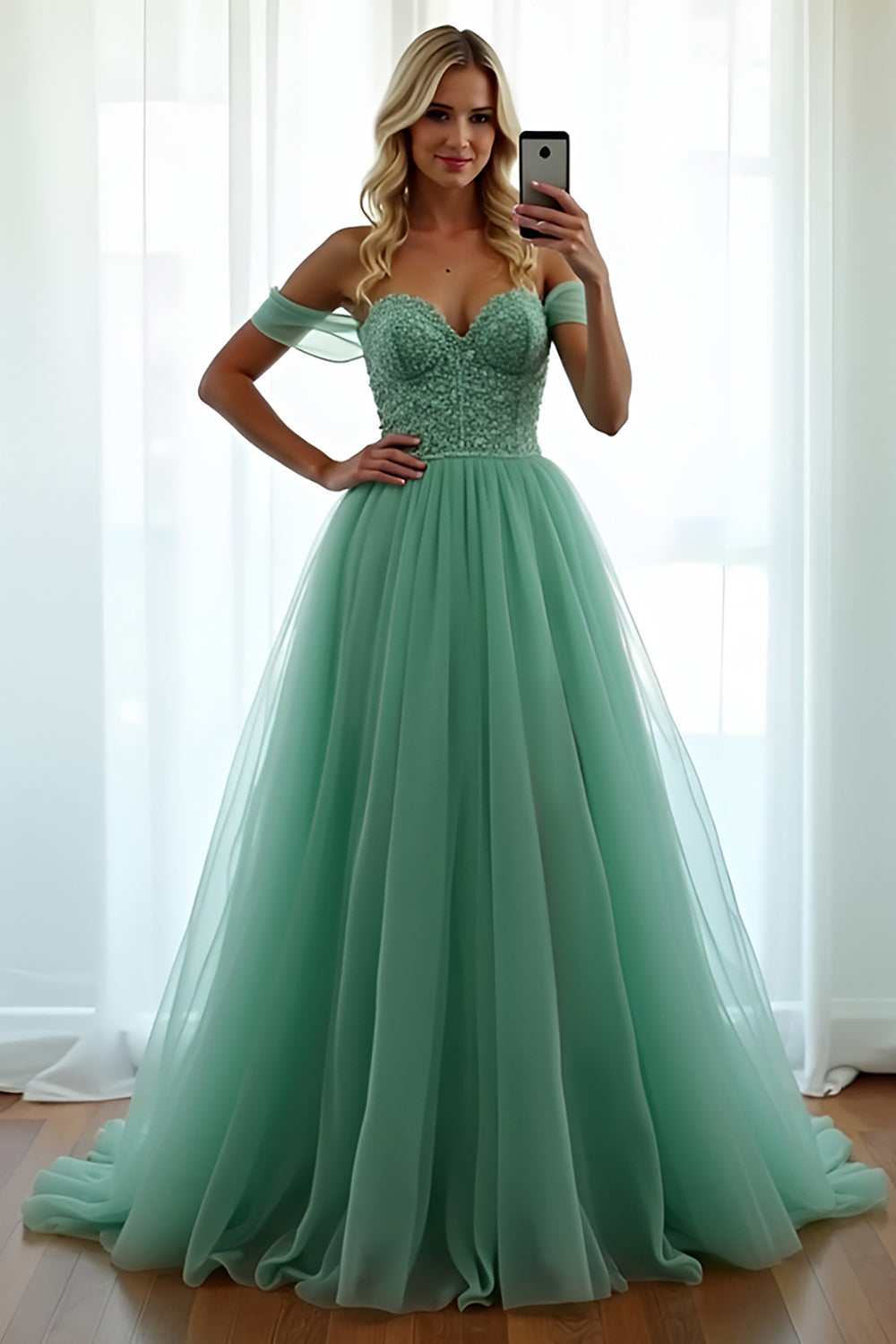 Green Off The Shoulder A Line Long Formal Dress with Lace