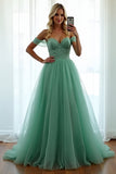 Green Off The Shoulder A Line Long Formal Dress with Lace