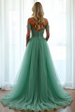 Green Off The Shoulder A Line Long Formal Dress with Lace