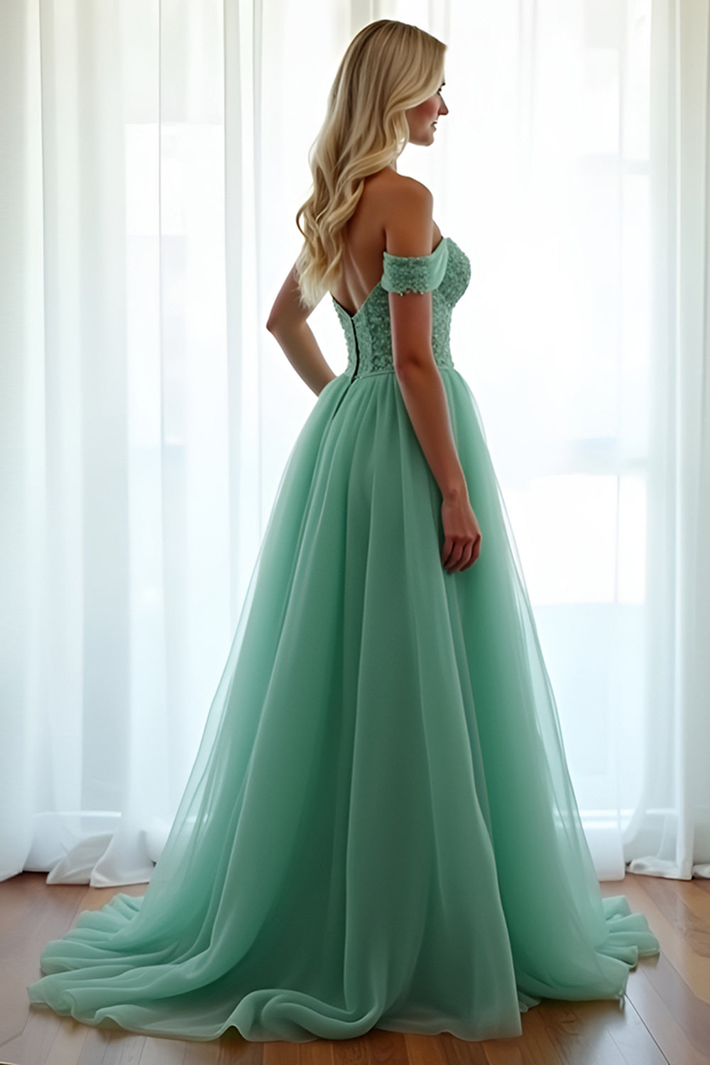 Green Off The Shoulder A Line Long Formal Dress with Lace