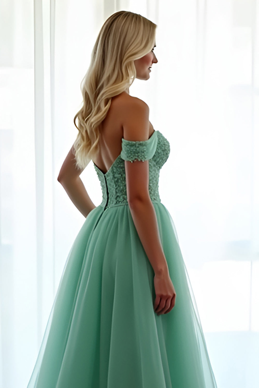 Green Off The Shoulder A Line Long Formal Dress with Lace