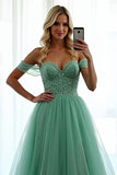 Green Off The Shoulder A Line Long Formal Dress with Lace