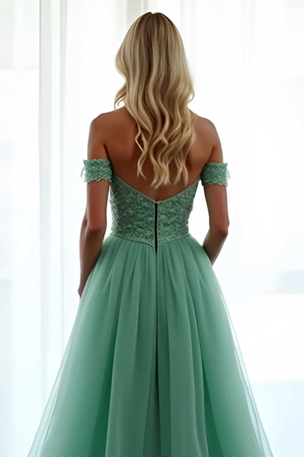 Green Off The Shoulder A Line Long Formal Dress with Lace