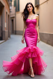 Fuchsia Mermaid Long Strapless Formal Dress with Ruffles