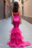 Fuchsia Mermaid Long Strapless Formal Dress with Ruffles