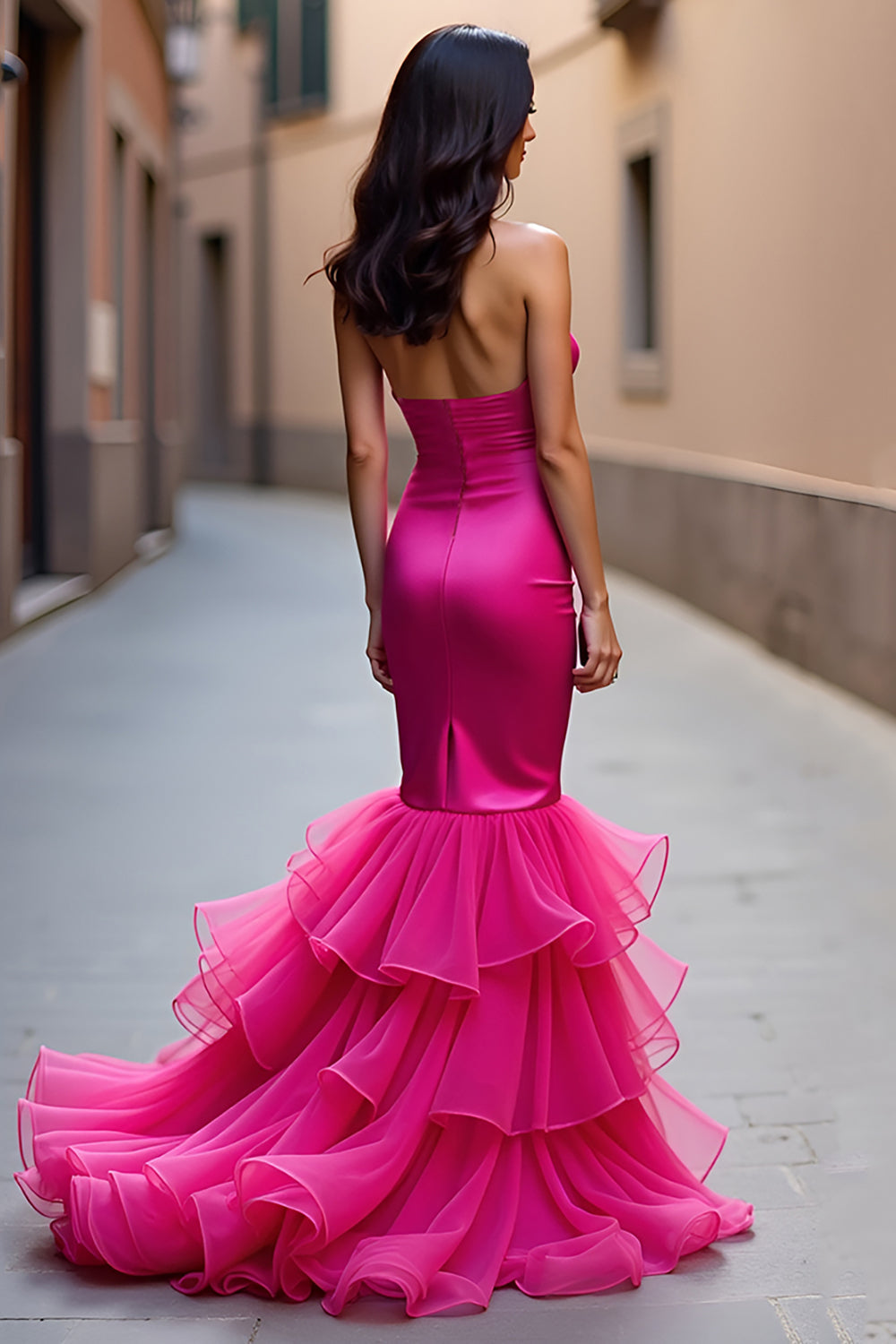 Fuchsia Mermaid Long Strapless Formal Dress with Ruffles