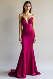 Fuchsia Mermaid Spaghetti Straps Long Satin Formal Dress