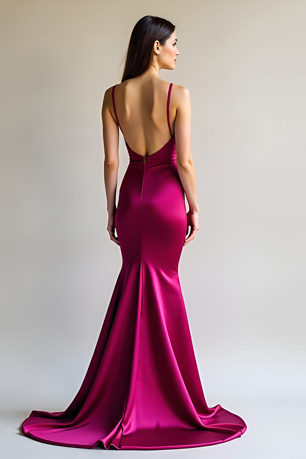 Fuchsia Mermaid Spaghetti Straps Long Satin Formal Dress