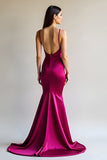 Fuchsia Mermaid Spaghetti Straps Long Satin Formal Dress