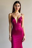 Fuchsia Mermaid Spaghetti Straps Long Satin Formal Dress