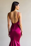 Fuchsia Mermaid Spaghetti Straps Long Satin Formal Dress
