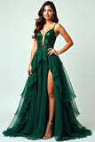 Dark Green Long Ruffled Spaghetti Straps Formal Dress with Slit