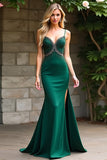 Dark Green Beaded Spaghetti Straps Mermaid Long Formal Dress