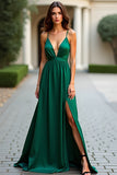 Dark Green Satin A Line Spaghetti Straps Long Formal Dress with Slit